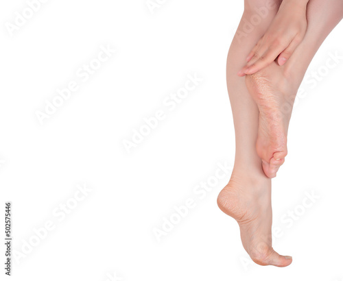 Legs care and skin treatment concept. Dry and cracked soles of feet, Foot treatment, copy space, white background. Foot treatment