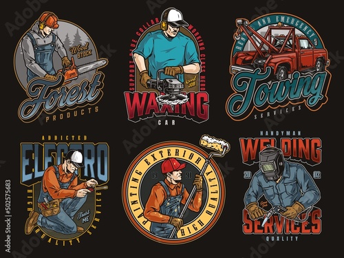 Labourers colorful emblems set with lettering