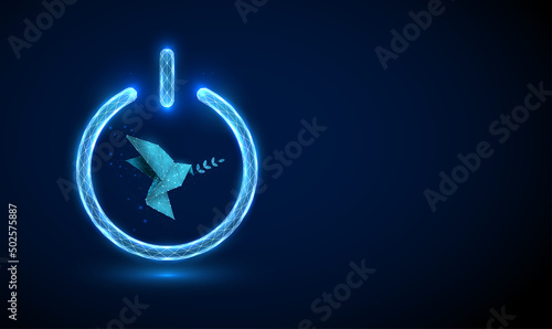 Abstract paper origami bird with olive branch inside power button