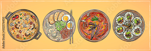 Ramen, kimbap, fried rice and soup - hand drawn vector mockup with asian food