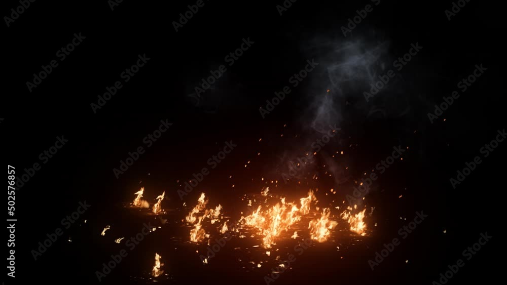 3D animation on realistic scattered fire with smoke and sparks looped with alpha channel (transparency) in HQ 32bit Apple ProRes. Easy use. Drag and drop in your project with any non-linear editing so