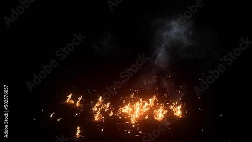 3D animation on realistic scattered fire with smoke and sparks looped with alpha channel (transparency) in HQ 32bit Apple ProRes. Easy use. Drag and drop in your project with any non-linear editing so