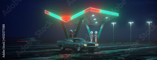 Neon gas station and retro car. Vintage cyberpunk auto. Fog rain and night. Color vibrant reflections on asphalt. Dodge challenger. 3D illustration.