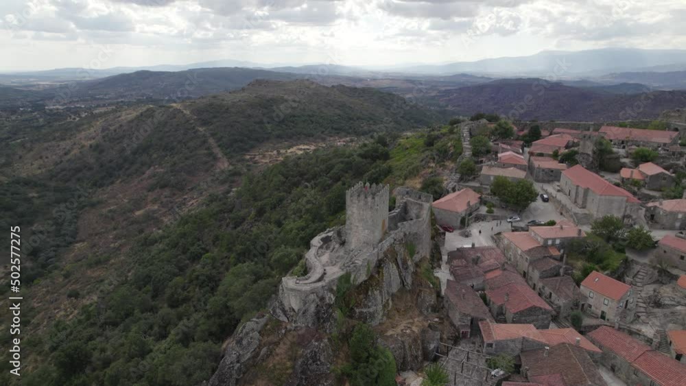 Aerial approach of Sortelha medieval castle, Portugal Aerial approach of Sortelha medieval castle, Portugal