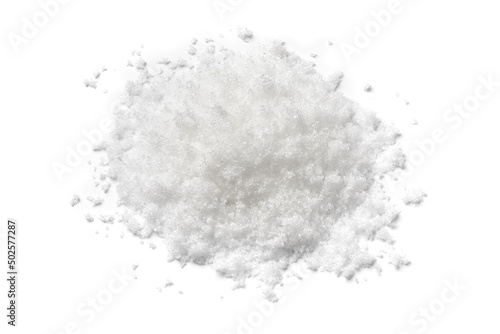 Heap of soft white sugar close up isolated on white background