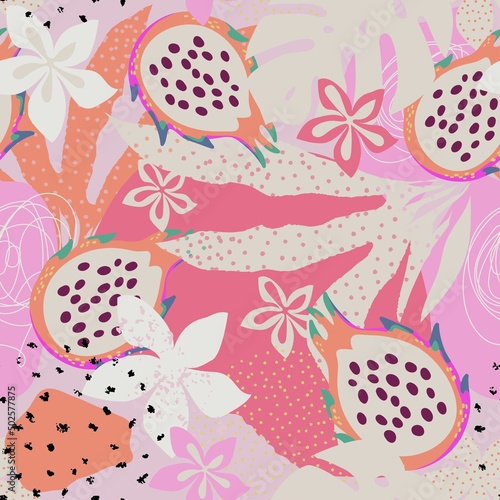 Modern exotic design. Abstract seamless hand-drawn pattern. Pitahaya or dragon fruit, exotic leaves and flowers.
Suitable for wallpaper, clothing, wrapping and more