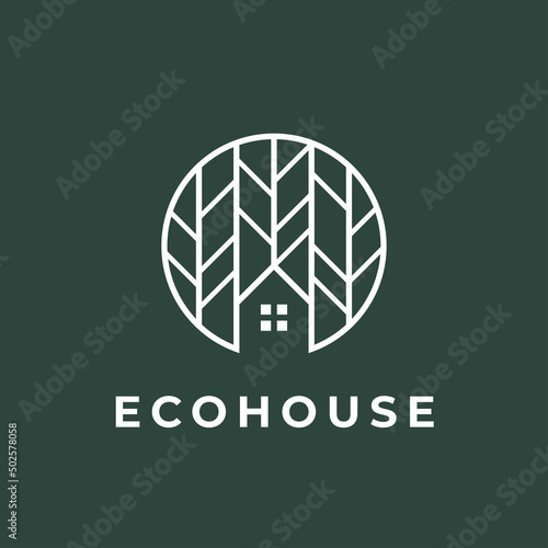 Creative eco home line icon. Abstract tree house nature logo. Forest woods property building symbol. Vector illustration.