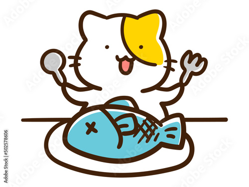 大きな魚をスプーンとフォークで食べるかわいいねこのキャラクターの手書き風イラスト