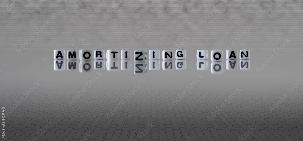 © lexiconimages - amortizing loan word or concept represented by black and white letter cubes on a grey horizon background stretching to infinity