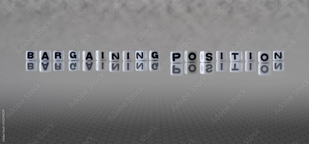 bargaining position word or concept represented by black and white letter cubes on a grey horizon background stretching to infinity - obrazy, fototapety, plakaty 