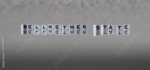 bellwether state word or concept represented by black and white letter cubes on a grey horizon background stretching to infinity photo
