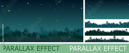 Pine forest at night with parallax effect. Silhouettes of coniferous trees in the darkness. Stars sky. Dark landscape horizontally. Panoramic view. Beautifully illustration vector