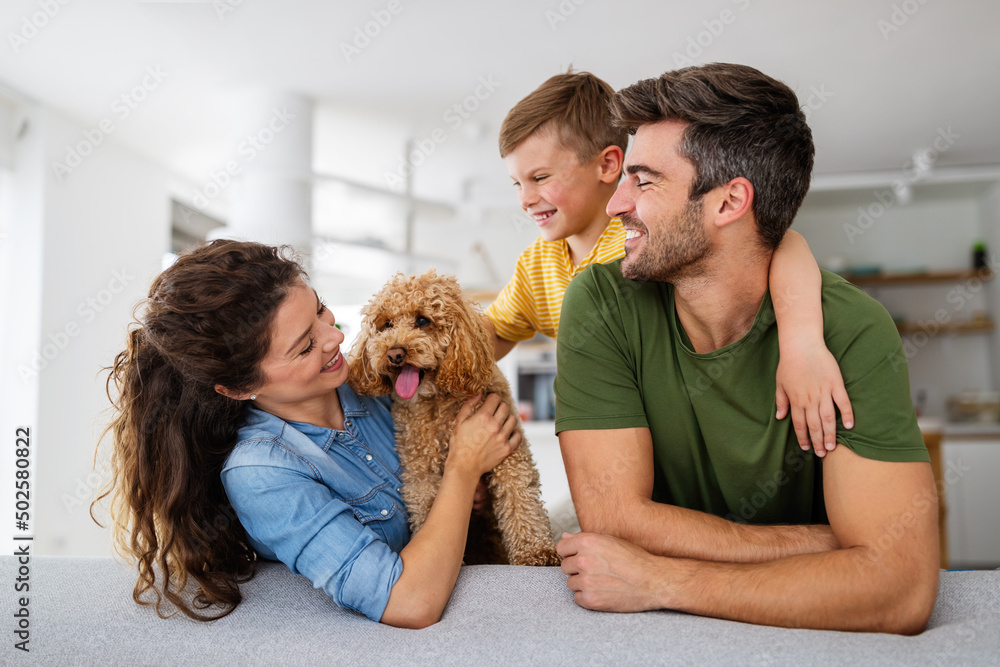 Happy family playing, having fun with dog at home Happy family playing, having fun with dog at home