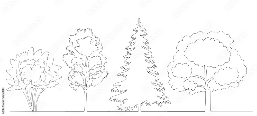 trees drawing in one continuous line, isolated, vector