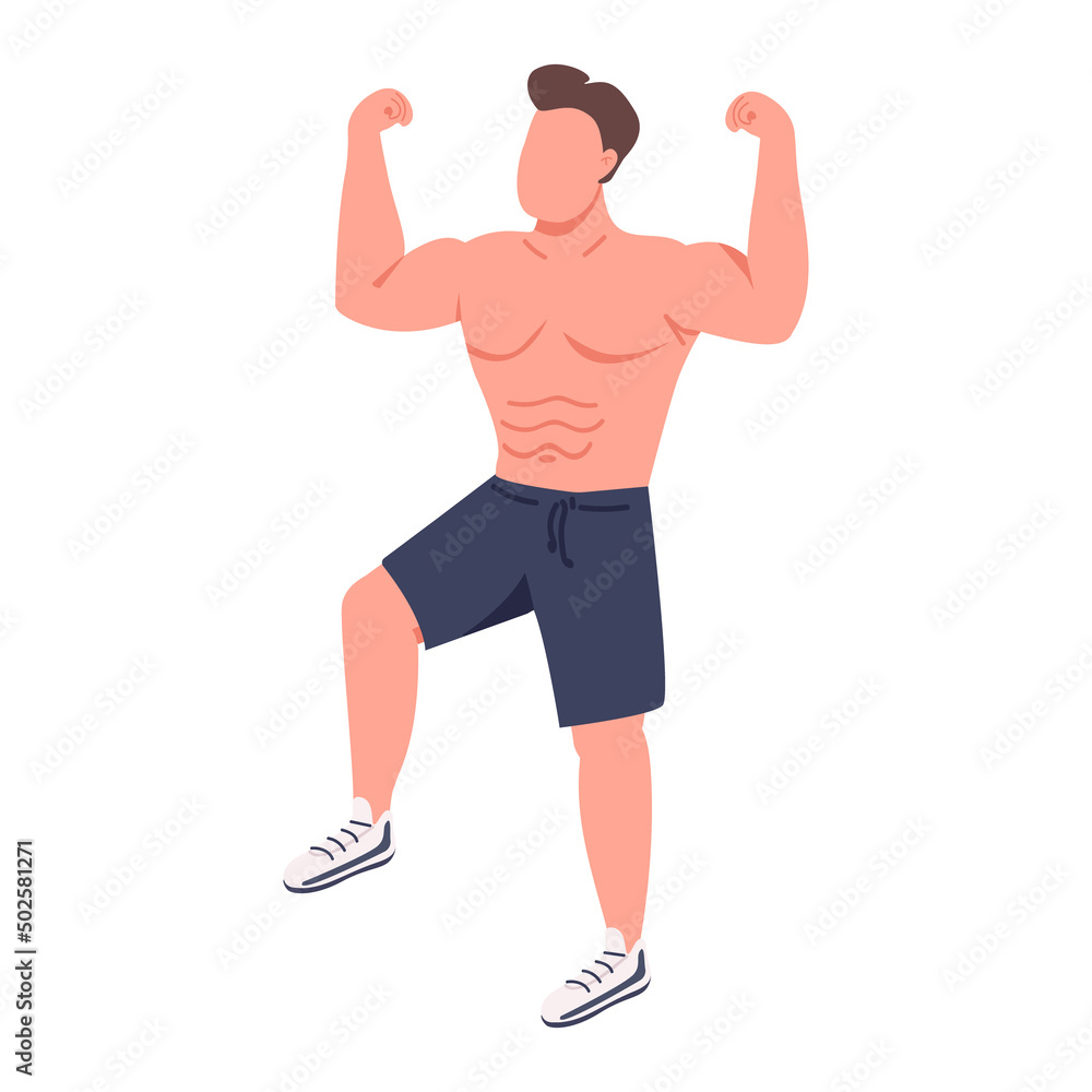 Male bodybuilder showing triceps and biceps semi flat color vector character. Posing figure. Full body person on white. Simple cartoon style illustration for web graphic design and animation Male bodybuilder showing triceps and biceps semi flat color vector character. Posing figure. Full body person on white. Simple cartoon style illustration for web graphic design and animation