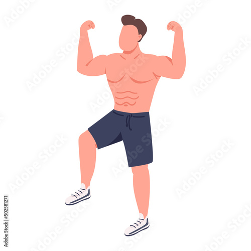 Male bodybuilder showing triceps and biceps semi flat color vector character. Posing figure. Full body person on white. Simple cartoon style illustration for web graphic design and animation