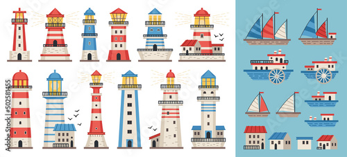 Sea lighthouse set. Sea pharos or beacon collection isolated on white background. Lighthouses with searchlight, marine navigation coastline towers. Ships, yachts, small houses. Vector in flat style