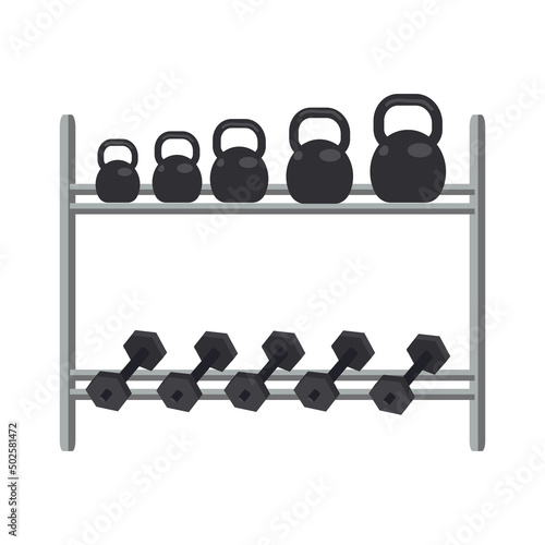 Shelves with dumbbells and kettlebells semi flat color vector object. Gym equipment. Sporting goods. Full sized item on white. Simple cartoon style illustration for web graphic design and animation