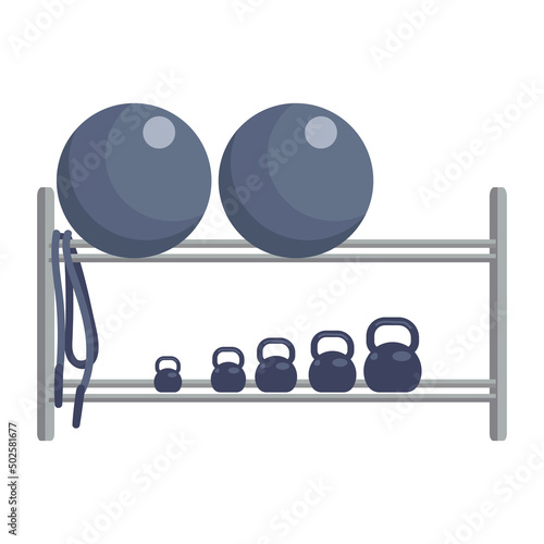 Shelves with kettlebells and fitness balls semi flat color vector object. Sporting goods. Full sized item on white. Simple cartoon style illustration for web graphic design and animation
