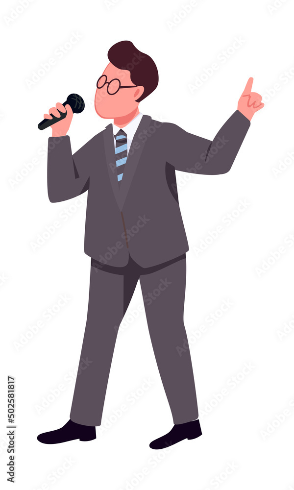 Male television presenter with handheld microphone semi flat color vector character. Posing figure. Full body person on white. Simple cartoon style illustration for web graphic design and animation Male television presenter with handheld microphone semi flat color vector character. Posing figure. Full body person on white. Simple cartoon style illustration for web graphic design and animation