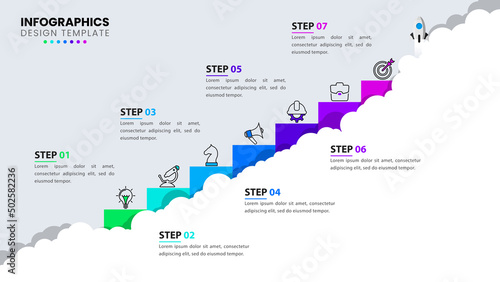 Infographic template with icons and 7 options or steps. Staircase