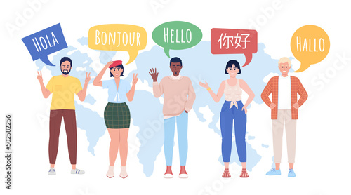 Multilingual community 2D vector isolated illustration. Speakers characters on background. Multilingualism colourful scene for mobile, website, presentation. Amatic SC, KozGoPr6N-Light fonts used
