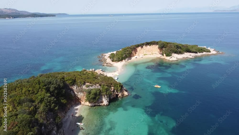 Ksamil Islands, Albania - Aerial of Small White Beach and Sand Strip Ksamil Islands, Albania - Aerial of Small White Beach and Sand Strip
