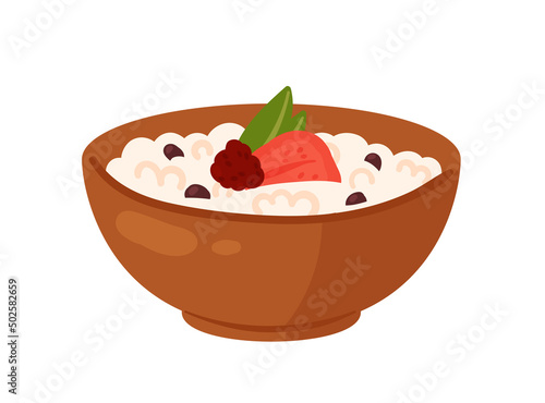 Breakfast cereals bowl. Morning dish cornflakes with fruits isolated illustration