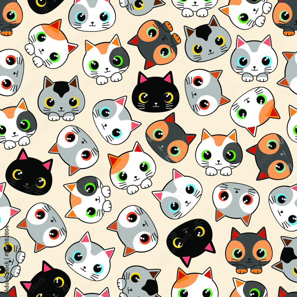 Kitty Cats Kawaii Cute Characters Childhood Vector Seamless Repeat Textile Pattern Kitty Cats Kawaii Cute Characters Childhood Vector Seamless Repeat Textile Pattern
