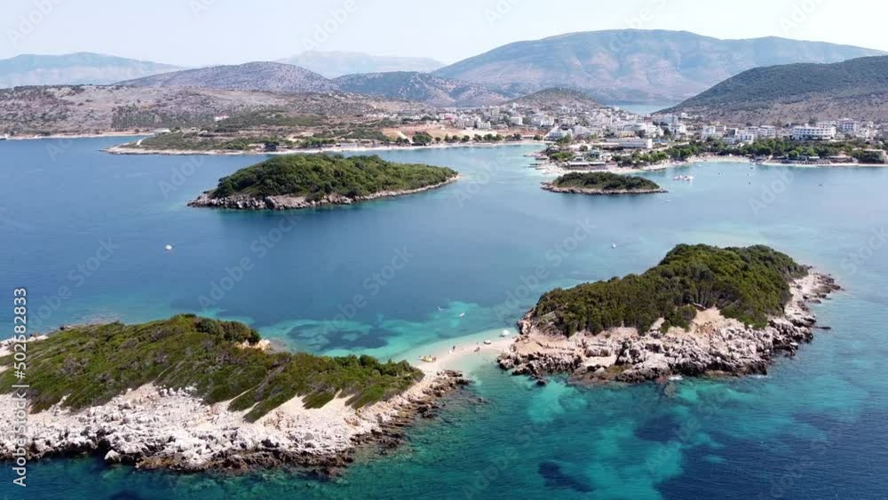 Ksamil Islands, Albania - Aerial of Small Sandy Beach and Beautiful Coastline Ksamil Islands, Albania - Aerial of Small Sandy Beach and Beautiful Coastline