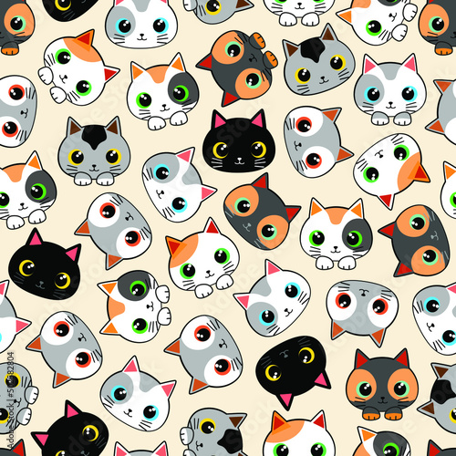 Kitty Cats Kawaii Cute Characters Childhood Vector Seamless Repeat Textile Pattern 