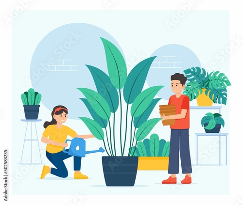 Flat design of Houseplant care