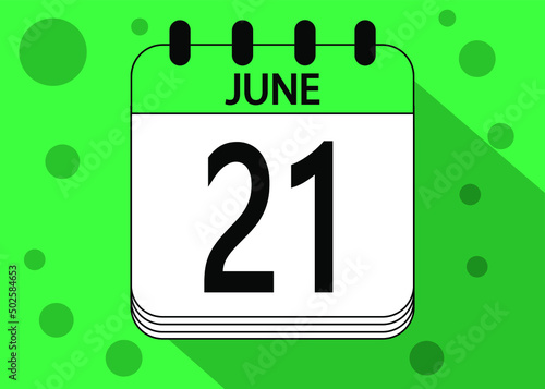 June 21 calendar date design green. Calendar page icon for june days