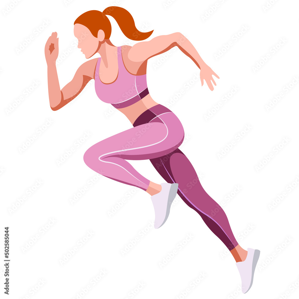 vector illustration of a beautiful slender girl in a sports uniform (leggings and a sports bra) is engaged in fitness, sports, trains isolated on a white background. woman runs. morning run. jogging vector illustration of a beautiful slender girl in a sports uniform (leggings and a sports bra) is engaged in fitness, sports, trains isolated on a white background. woman runs. morning run. jogging