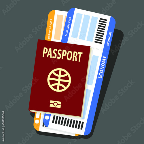 passport with two boarding passes or airline tickets, vector illustration 