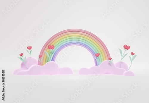 3D rendering of colorful pastel clouds and rainbow with empty space for kids or baby products.