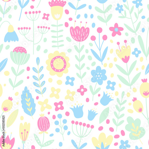 Vector floral pattern in doodle style with decorative flowers. Pastel colors flowers and leaves seamless pattern. For textiles, clothing, bed linen, office supplies. © Irina Ostapenko