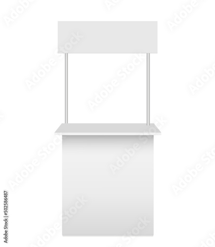 Mobile counter for promotion.White exhibition booth. Stand Mockup for retail trade, advertising, pos, poi. Vector realistic Mockup. Blank template. Front view.