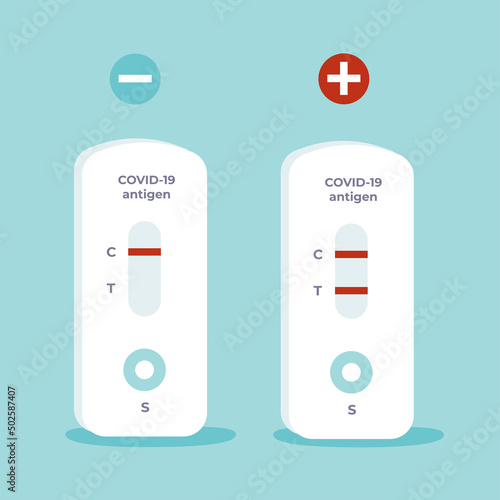 Set of two Rapid antigen test kits ATK for covid-19 - negative and positive on blue background. Flat vector infographics illustration.