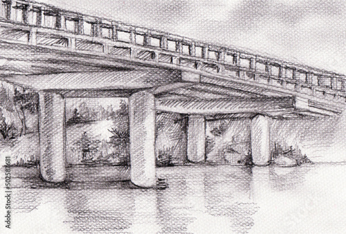 Bridge drawing in pencil. Illustration for your ideas.