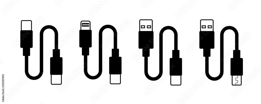 Vector set of usb computer universal connectors: micro, lightning, type A, C. Computer and mobile plugs design. Flat outline illustration with connectors. Vector set of usb computer universal connectors: micro, lightning, type A, C. Computer and mobile plugs design. Flat outline illustration with connectors.