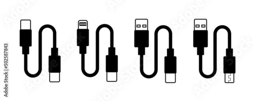 Vector set of usb computer universal connectors: micro, lightning, type A, C. Computer and mobile plugs design. Flat outline illustration with connectors. photo