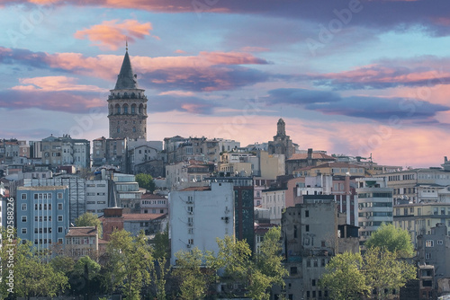 Istanbul landscape, Galata tower in Istanbul city durin sunset sky. Selective focus