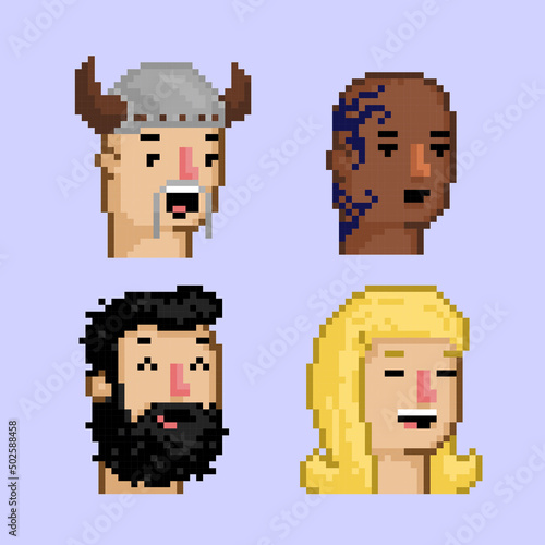 Pixel art characters viking, black tattoo man, hipster, blonde girl NFT avatars concept vector illustration.