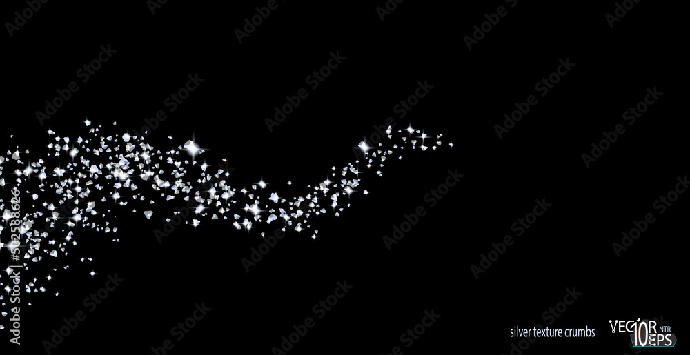 Silver confetti glittering wave. Silverish sparkling on black background. Shiny wavy crumbs, golden texture. Glitter. Vector. Silver confetti glittering wave. Silverish sparkling on black background. Shiny wavy crumbs, golden texture. Glitter. Vector.