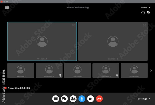Videocall interface, call video screen and conference chat of phone app, vector UI template. Web video call on mobile phone or computer display with buttons and team online webinar window frames