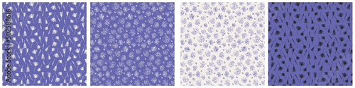 Seamless patterns set with meadow flowers in Ditzy style for surface design. The colors of the 2022 year Very Peri, blue a violet-red undertone background. Palette with Anthracite and Cloud Dancer