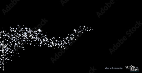Silver confetti glittering wave. Silverish sparkling on black background. Shiny wavy crumbs, golden texture. Glitter. Vector.