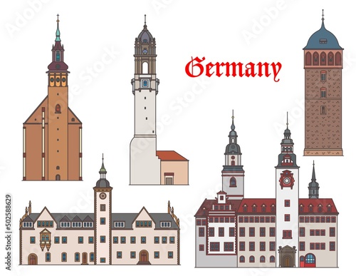 Germany, Freiburg, Schneeberg, Chemnitz and Bautzen, vector buildings architecture. German Baden Wurttemberg and Saxony travel landmarks of St Wolfgang church, town hall Rathaus and Reichenturm tower