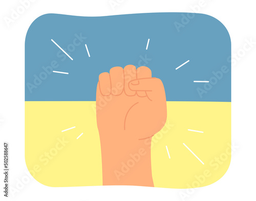 Strong fist raising in victory of Ukraine. Ukrainian person standing for freedom and independence flat vector illustration. War, solidarity concept for banner, website design or landing web page